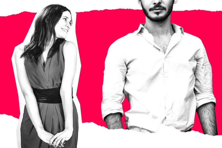 A woman looking flirtatiously toward a man.